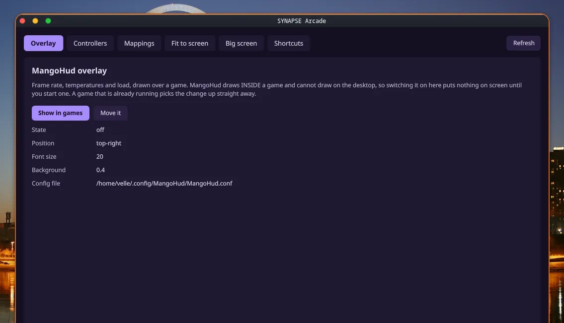 Arcade — MangoHud, controller mapping, per-game window fit and the shortcuts that drive them.