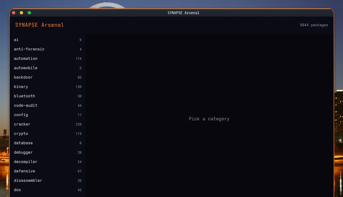 Arsenal — Five thousand BlackArch tools, by category, installed on demand rather than shipped.