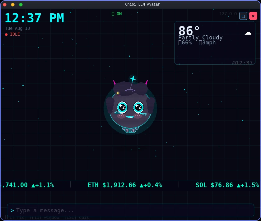 Chibi — A local-LLM avatar that also carries the clock, the weather and the tickers.