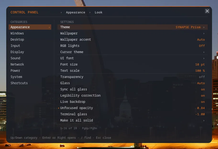 Control panel — Every setting the compositor owns, on one keystroke. Generated from the live bind table, so it cannot drift from what the keys actually do.