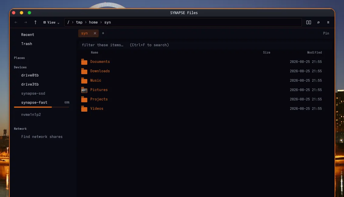 Files — synfiles, with the capacity of every device in the sidebar and tabs across the top.