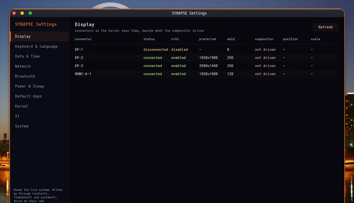 Settings — What the kernel sees for each connector, beside what the compositor is actually driving. The two disagreeing is a bug you can now see.