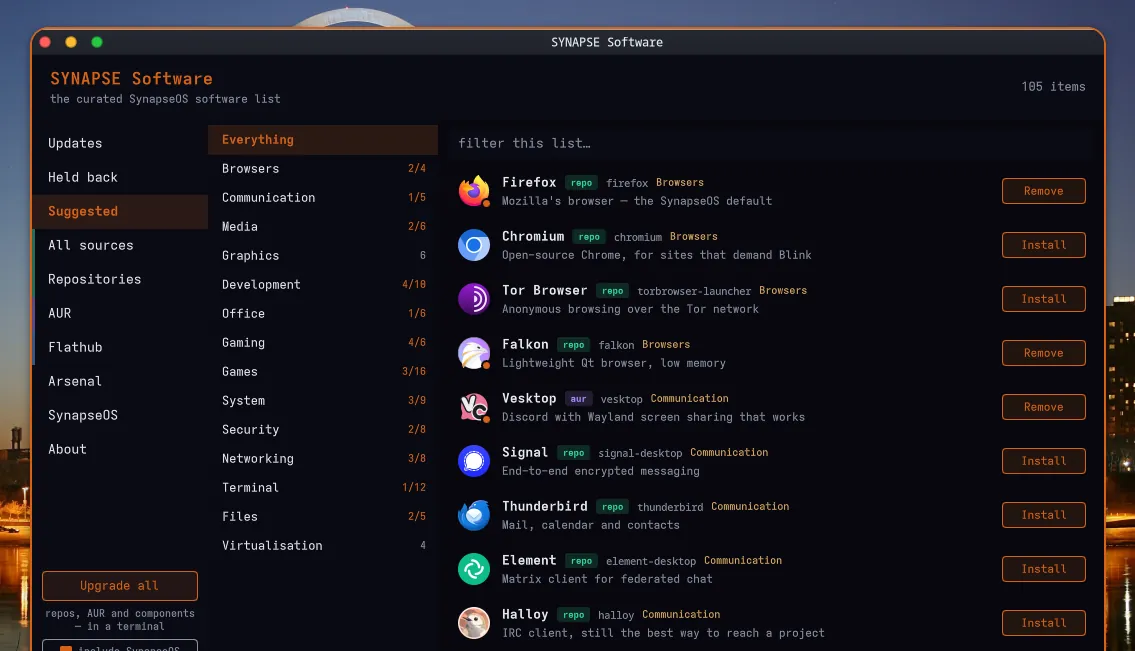 Software — synpkg — a libalpm front end in C, with the curated SynapseOS list beside the AUR and Flathub.