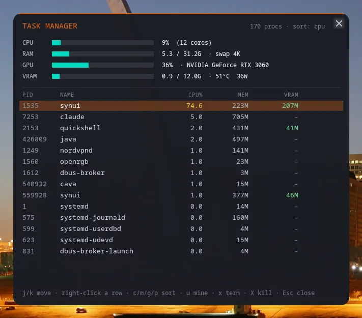 Task manager — CPU, memory, GPU and VRAM, per process — on Ctrl+Alt+Delete.