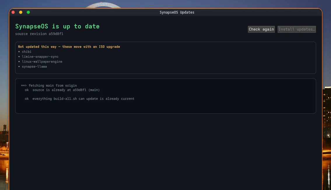 Updates — Source-revision aware: it names what an ISO upgrade would bring that a package update cannot.