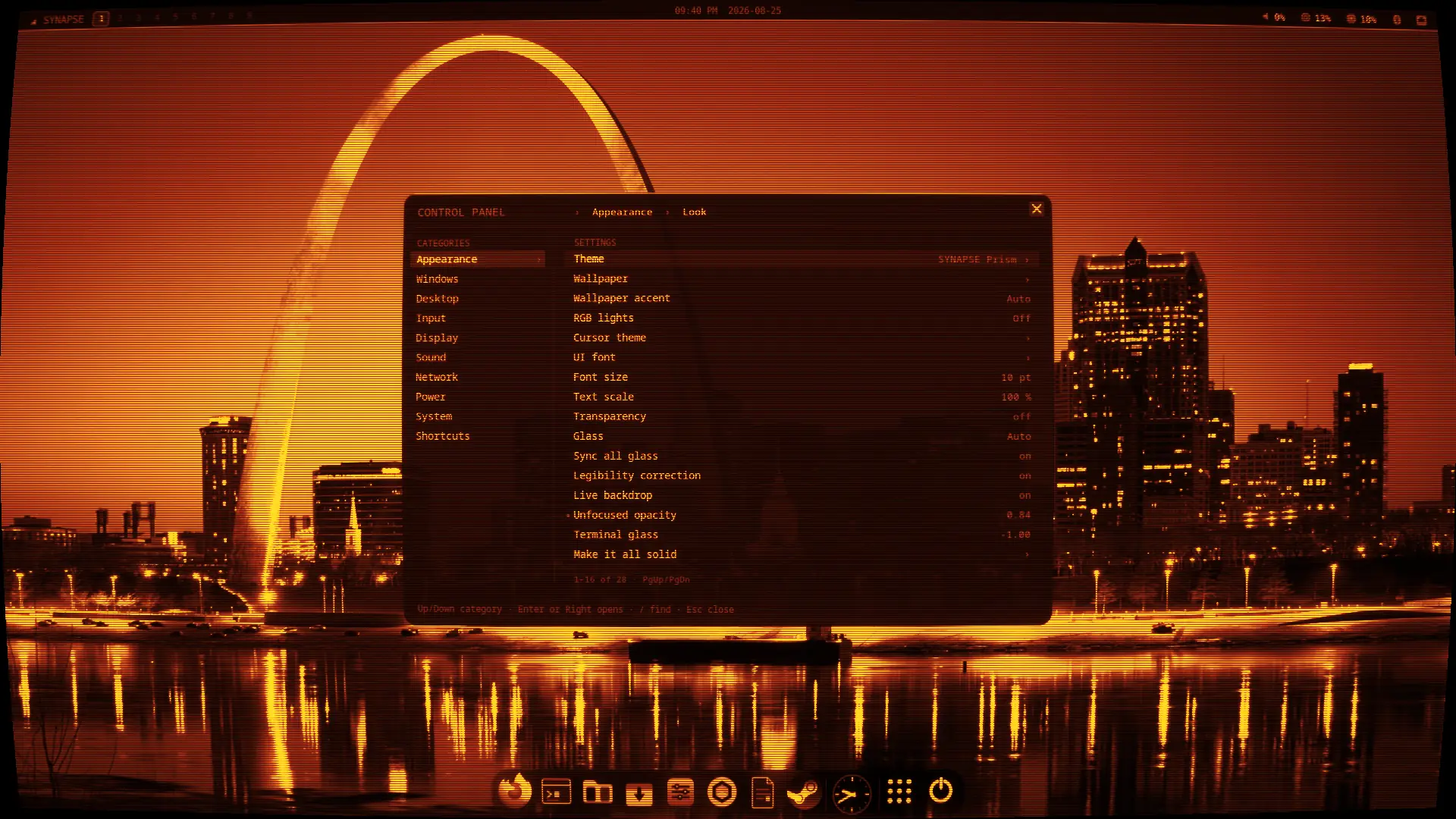The same desktop with the CRT post-process pass on: amber phosphor, scanlines, a curved screen and chromatic aberration.